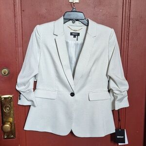 Donna Karan Women's Textured Sugar Rush 3/4 Sleeve Cream Polka Dot Blazer SZ 6P